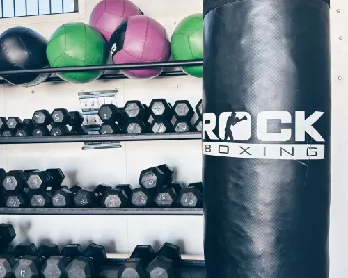 a punching bag beside dumbbells