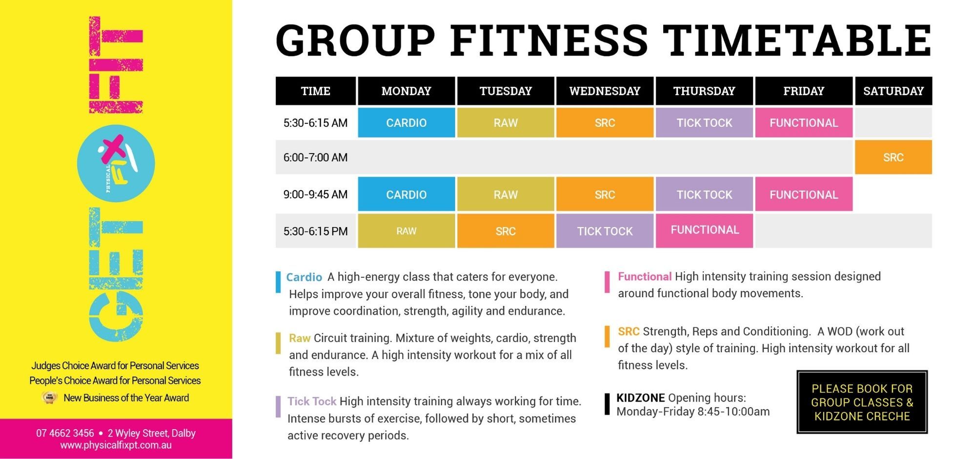  Physical Fix Group Fitness Timetable from Monday to Saturday